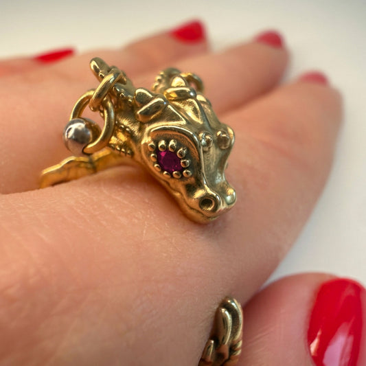 La Petite Dragonne wearing Earrings / 18K Gold Ring & Standing Sculpture