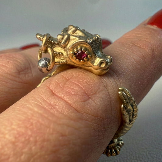 La Petite Dragonne wearing Earrings / 18K Gold Ring & Standing Sculpture